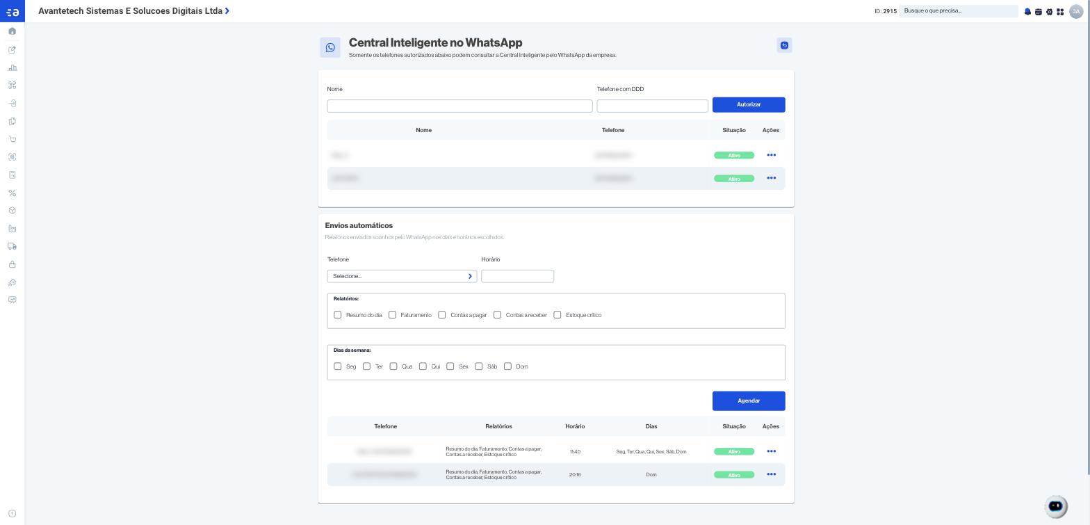 Central Inteligente no WhatsApp do Avante Web com envios automáticos de relatórios