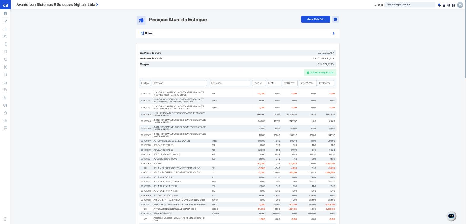 Relatório de posição atual do estoque no Avante Web, um ERP com IA