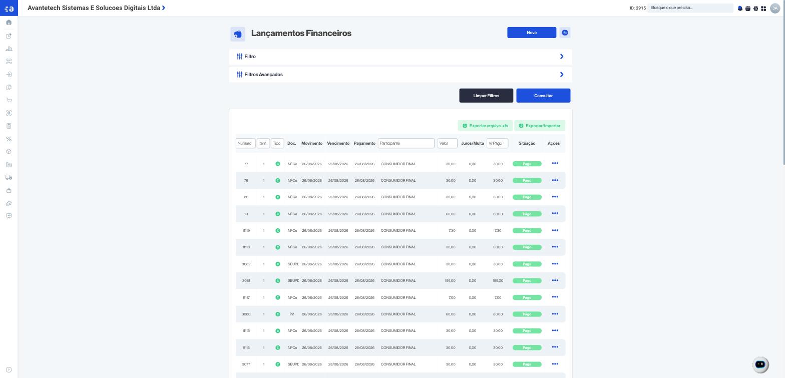 Tela de lançamentos financeiros do Avante Web com conciliação automática