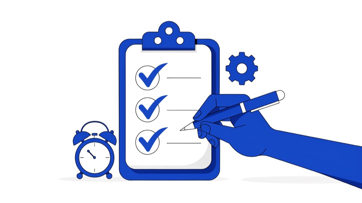 Checklist de preparação pra NFS-e Nacional com itens marcados e relógio